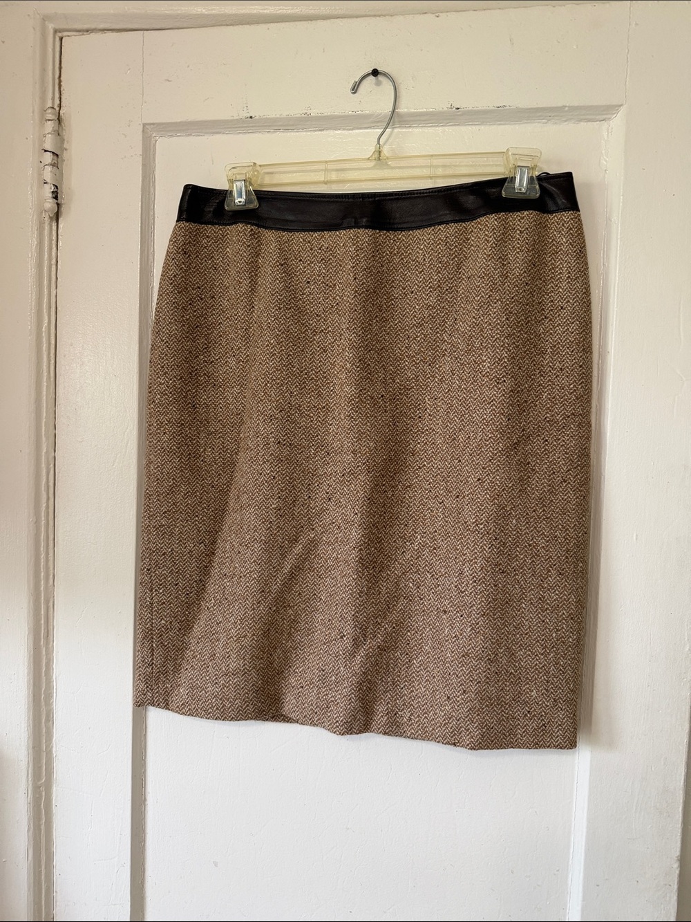 Classic Brown Tweed Pencil Skirt with Black Waistband